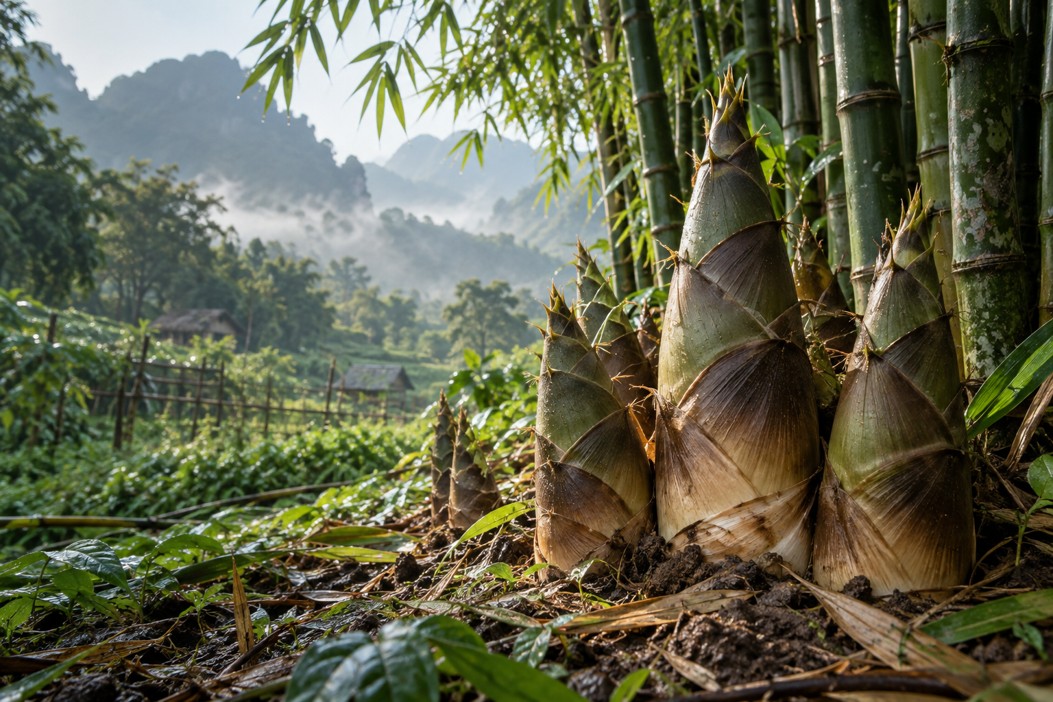Măng Bát Độ tươi mọc bên bụi tre ở vùng núi Lương Sơn